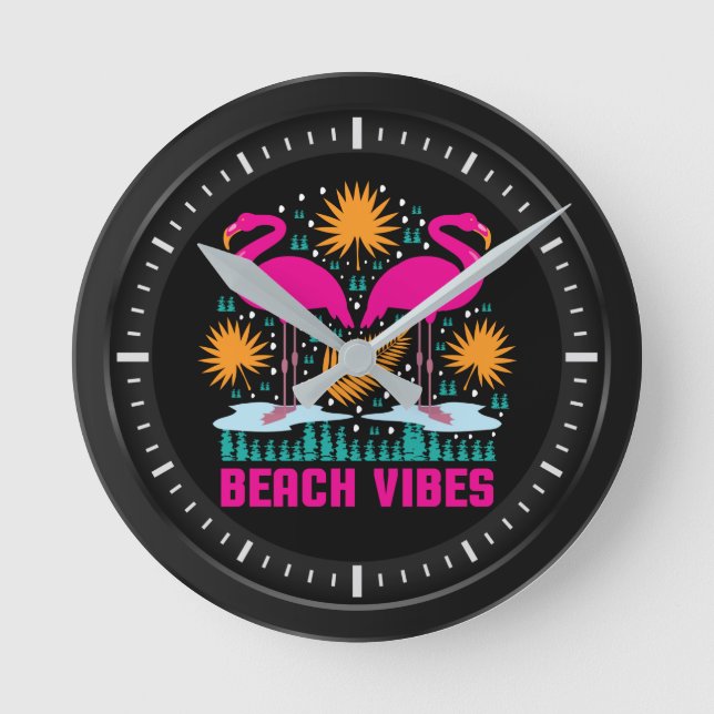 Relógio Redondo Design de Flamingos Rosa Vibes de Praia (Frente)