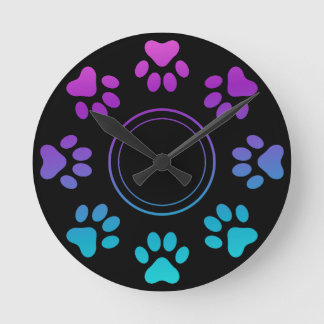Relógio Redondo Design de Impressões de Pata Azul Ciano Roxo Cacho