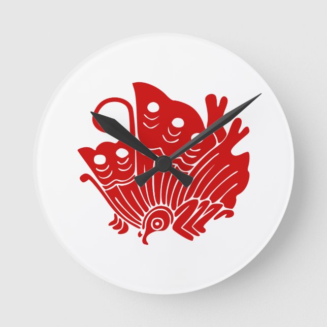 Relógio Redondo Design de Kamon Japonês com Borboleta Asiática (Frente)