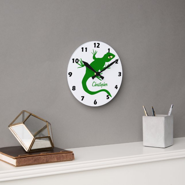 Relógio Redondo Design de Lagarto Verde Personalizado (Escritório)