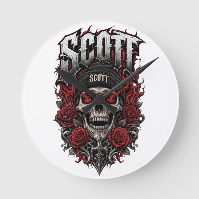 Relógio Redondo Design de Nome Personalizado Scott Gothic Skull (Frente)