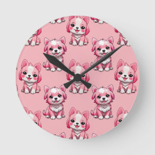 Relógio Redondo Design de padrão de cachorrinho rosa - Rosa
