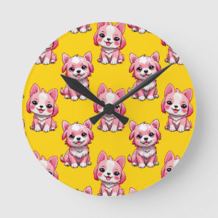 Relógio Redondo Design de Padrão de Cachorro Rosa - Amarelo