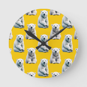 Relógio Redondo Design de padrão de urso polar amarelo
