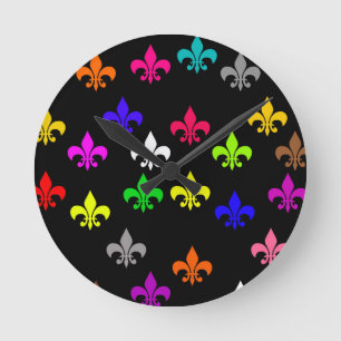 Relógio Redondo Design de padrão Fleur-de-lis multicolorido preto