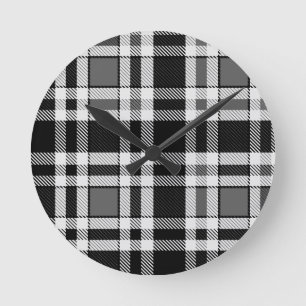 Relógio Redondo Design de Tartan Xadrez Flannel Branco preto