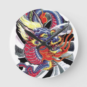 Relógio Redondo Design de tatuagem japonesa do Dragão Azul