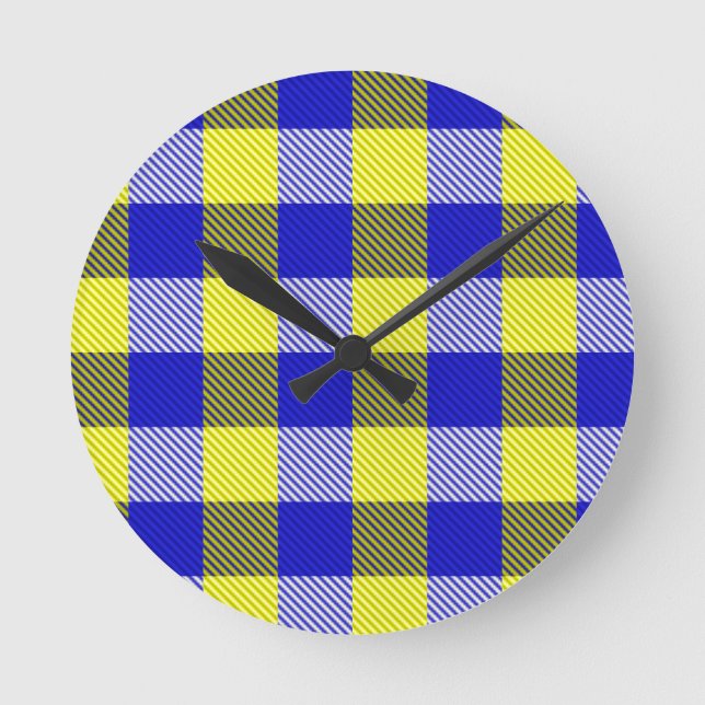 Relógio Redondo Design de Verificação de Gingham Amarelo Azul (Frente)
