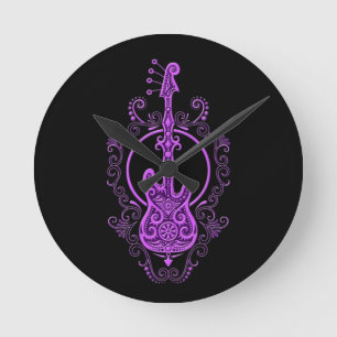 Relógio Redondo Design de Violão de Baixo Roxo em Preto