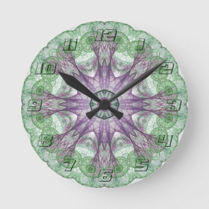 Relógio Redondo Design Moderno Abstrato Fractal Roxo e Verde