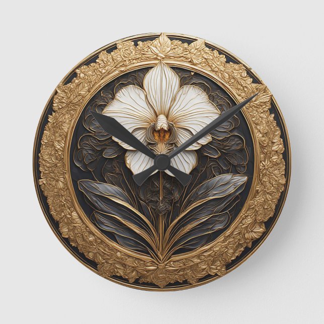 Relógio Redondo Design Orquídea Elegante do Ouro (Frente)