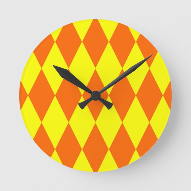 Relógio Redondo Design Xadrez Arlequim Amarelo Laranja (Frente)