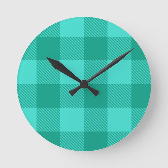 Relógio Redondo Design Xadrez Gingham em Azul Verde e Turquesa  (Frente)