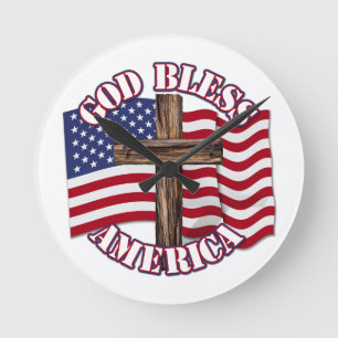 Relógio Redondo Deus abençoe American com EUA Flag & Cross