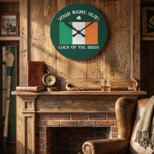 Relógio Redondo Dia de São Patrício Bandeira da Irlanda Nome Perso