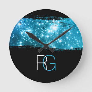 Relógio Redondo Diy Monograma Branco e Azul, Escoamento do Pincel 