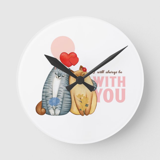 Relógio Redondo Dois gatos amontoados com formas cardíacas e român (Frente)