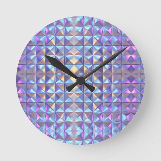 Relógio Redondo Dourado, Azul e Roxo Iridescente Geométrico 2 (Frente)