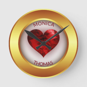 Relógio Redondo Dourado Círculo E Coração Vermelho
