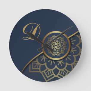 Relógio Redondo Dourado luxo personalizado Mandala Art Blue