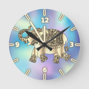 Relógio Redondo Dourado Paisley Floral Elephant,Blue Holographic