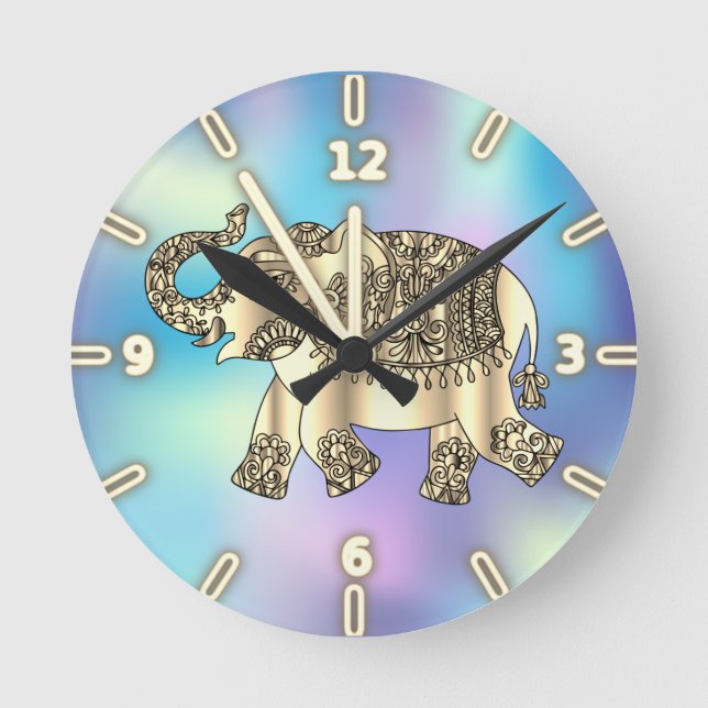 Relógio Redondo Dourado Paisley Floral Elephant,Blue Holographic (Frente)