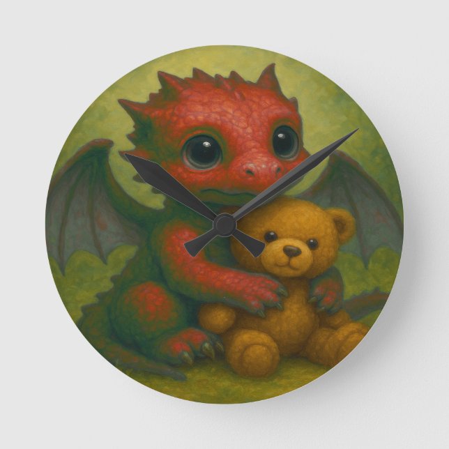 Relógio Redondo Dragão-Bebê Vermelho-Cachorro-Cachorro com Urso-Te (Frente)