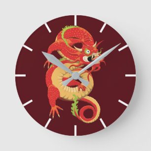 Relógio Redondo Dragão Chinês Vermelho