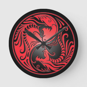 Relógio Redondo Dragões, vermelho e preto de Yin Yang