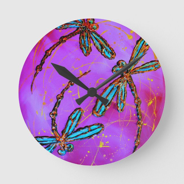 Relógio Redondo Dragonfly Flor Elétrico Rosa (Frente)