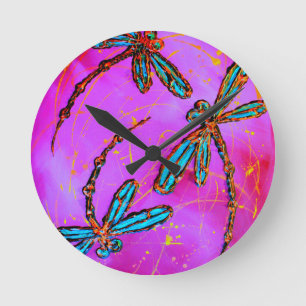 Relógio Redondo Dragonfly Flor Elétrico Rosa