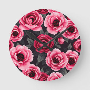 Relógio Redondo Dramático Peônia Floral Rosa Escuro Vintage