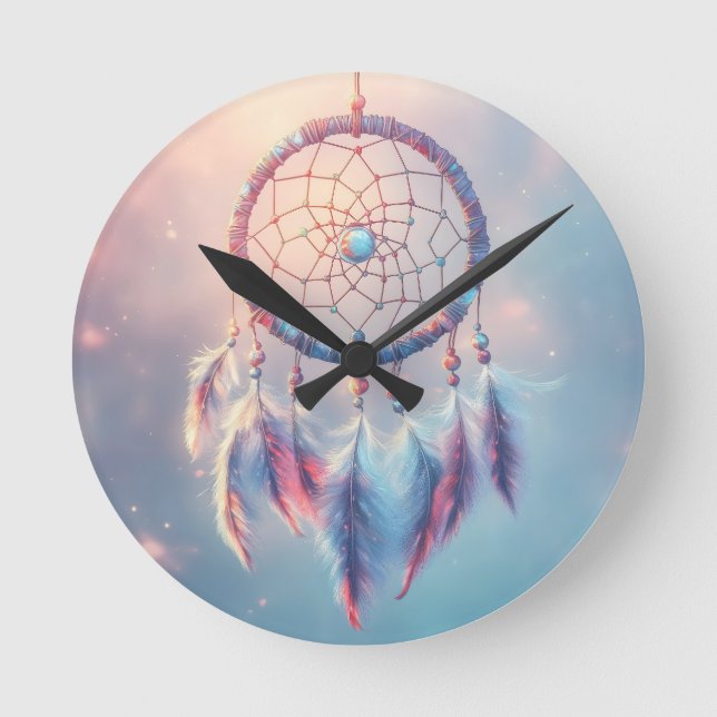 Relógio Redondo Dream Catcher com Penas e Miçangas Suaves (Frente)