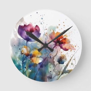Relógio Redondo Dreamscape Garden: Abstrato Watercolor Flowers