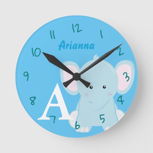 Relógio Redondo Elefante Azul Pastel Personalizado (Frente)
