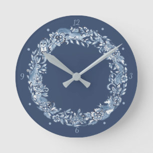 Relógio Redondo Elegante Blue & White Animal Wreath Delft Clássic