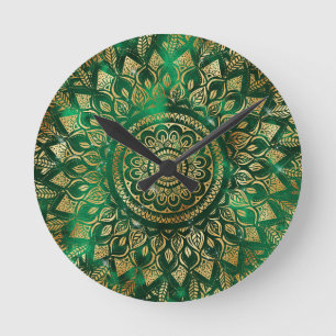 Relógio Redondo Elegante Dourado Mandala Floral Verde