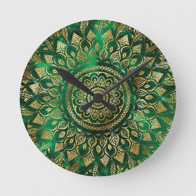 Relógio Redondo Elegante Dourado Mandala Floral Verde (Frente)