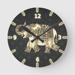 Relógio Redondo Elegante Elefante Floral Paisley Dourado, Damasco 