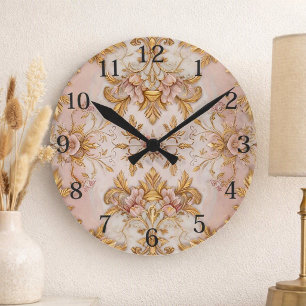 Relógio Redondo Elegante Floral Rosa e Dourado