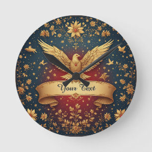 Relógio Redondo Elegante Moldura de Fenix Dourada Com Motivos Flor
