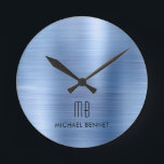 Relógio Redondo Elegante Monograma Azul Bruto Metálico<br><div class="desc">Um Relógio Redondo Azul Bruto,  Monograma E Elegante Personalizado.</div>