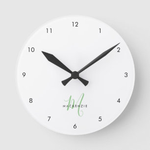 Relógio Redondo Elegante Monograma Branco Moderno em Script Verde