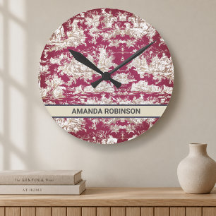 Relógio Redondo Elegante monograma de lago vermelho vintage toile
