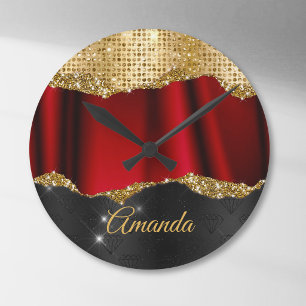 Relógio Redondo Elegante monograma preto dourado vermelho falso br