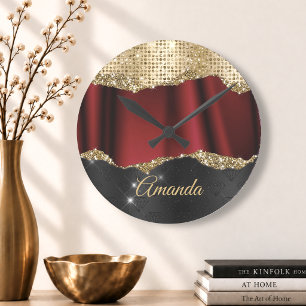 Relógio Redondo Elegante monograma preto dourado vermelho falso br