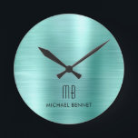 Relógio Redondo Elegante Monograma Verde Teal Brutado Metálico<br><div class="desc">Verde Teal Monograma Personalizado,  Molhado,  Bruto.</div>