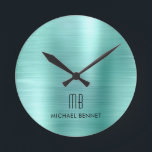 Relógio Redondo Elegante Monograma Verde Teal Brutado Metálico<br><div class="desc">Verde Teal Monograma Personalizado,  Molhado,  Bruto.</div>