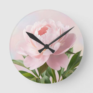 Relógio Redondo Elegante Peônia Rosa Bege Realista Floral