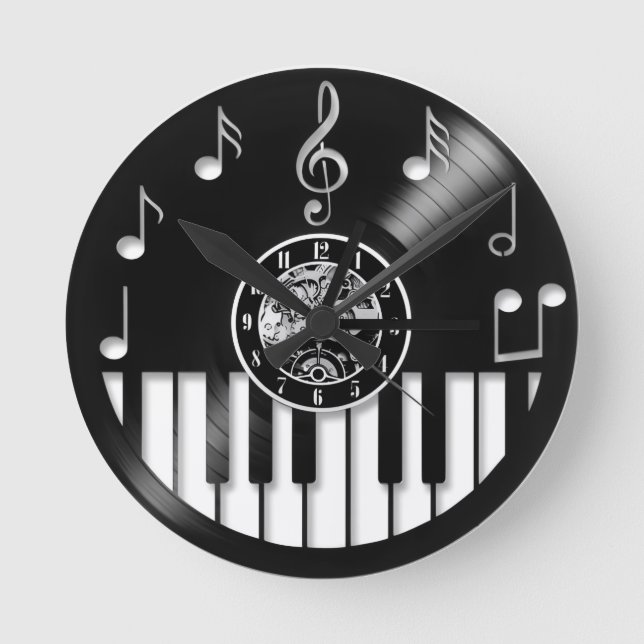 Relógio Redondo Elementos de piano e música de vinil (Frente)